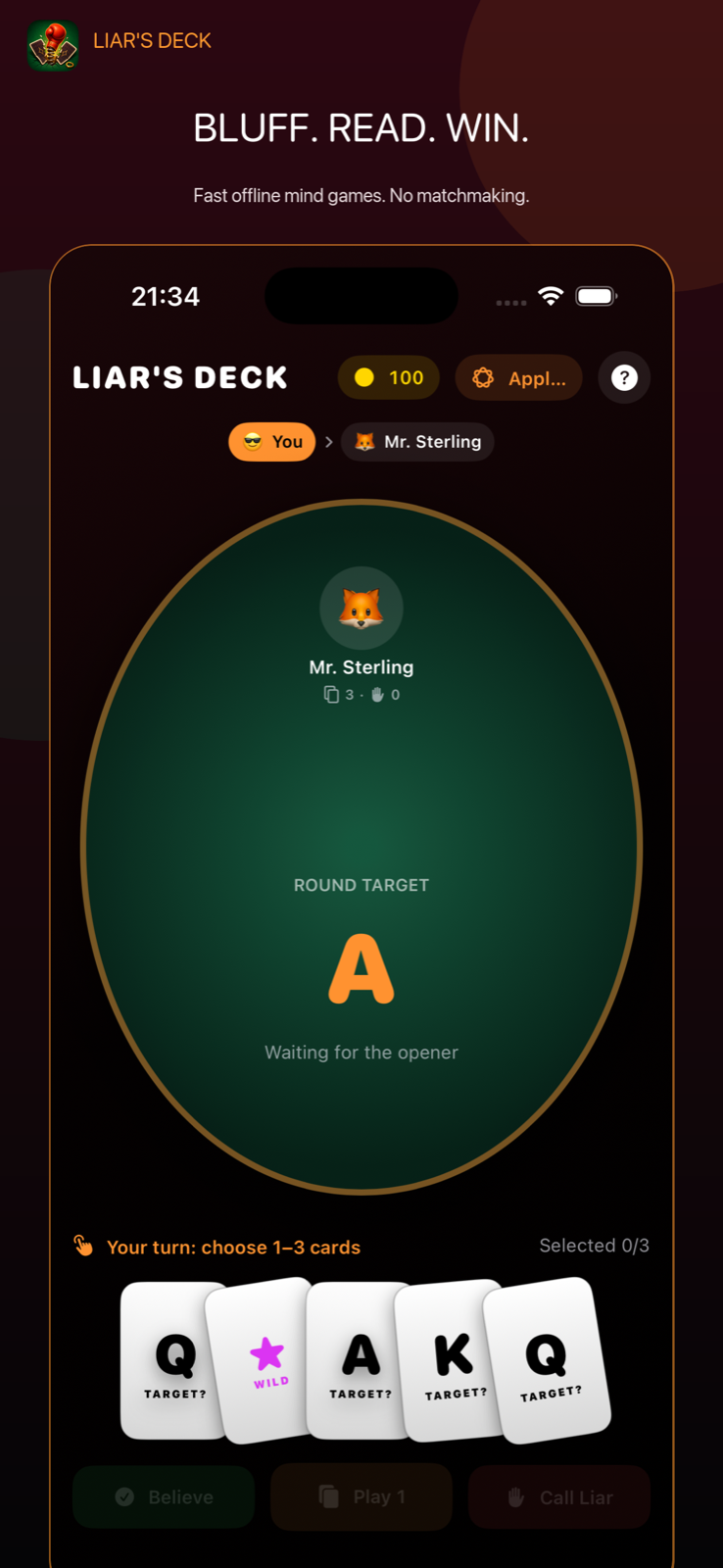 A Liar's Deck round with A as the target card