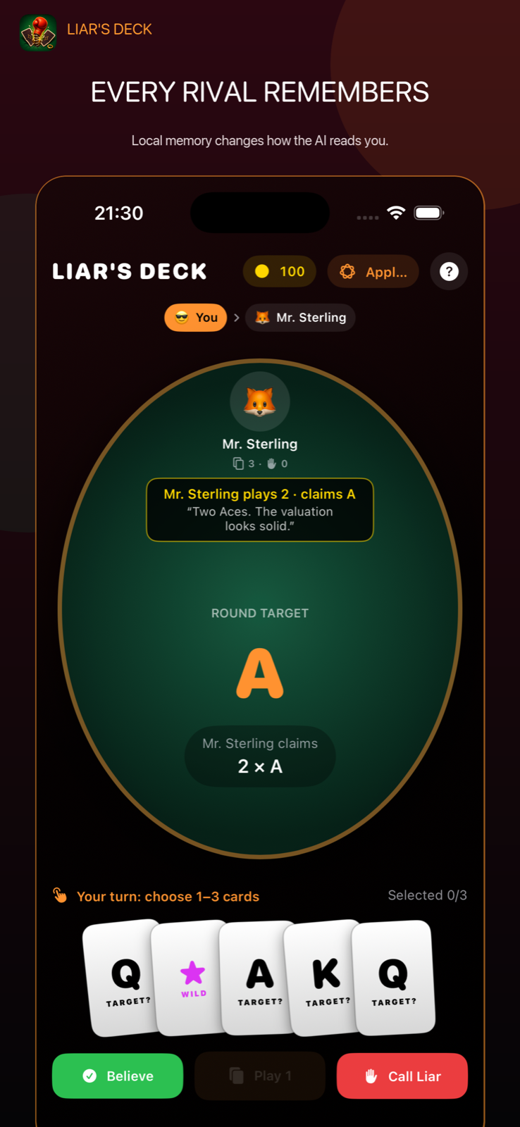 The AI plays two cards and claims they are aces