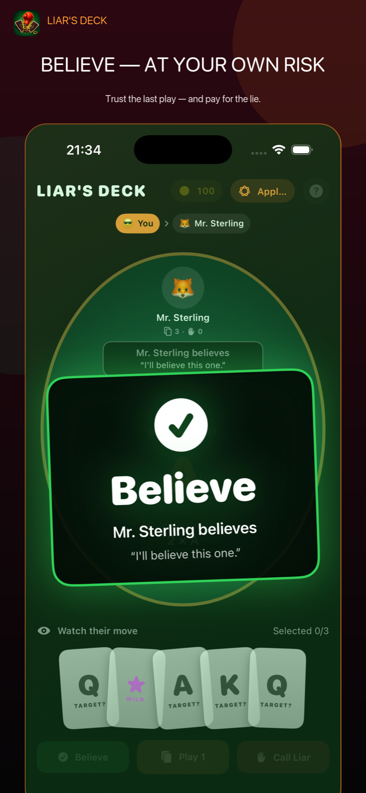 A bright green Believe action appears on the table