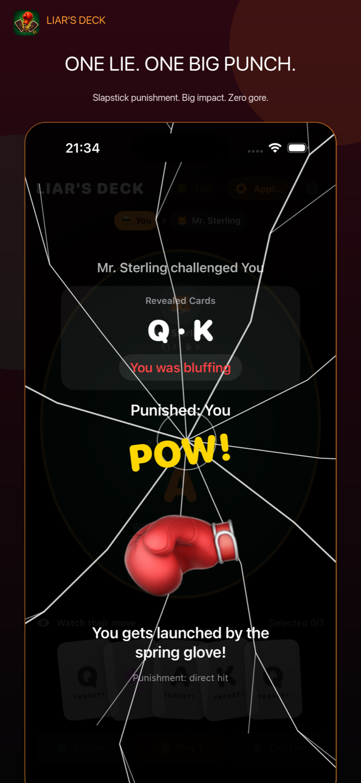 A comic spring glove punishment with a cracked-screen effect